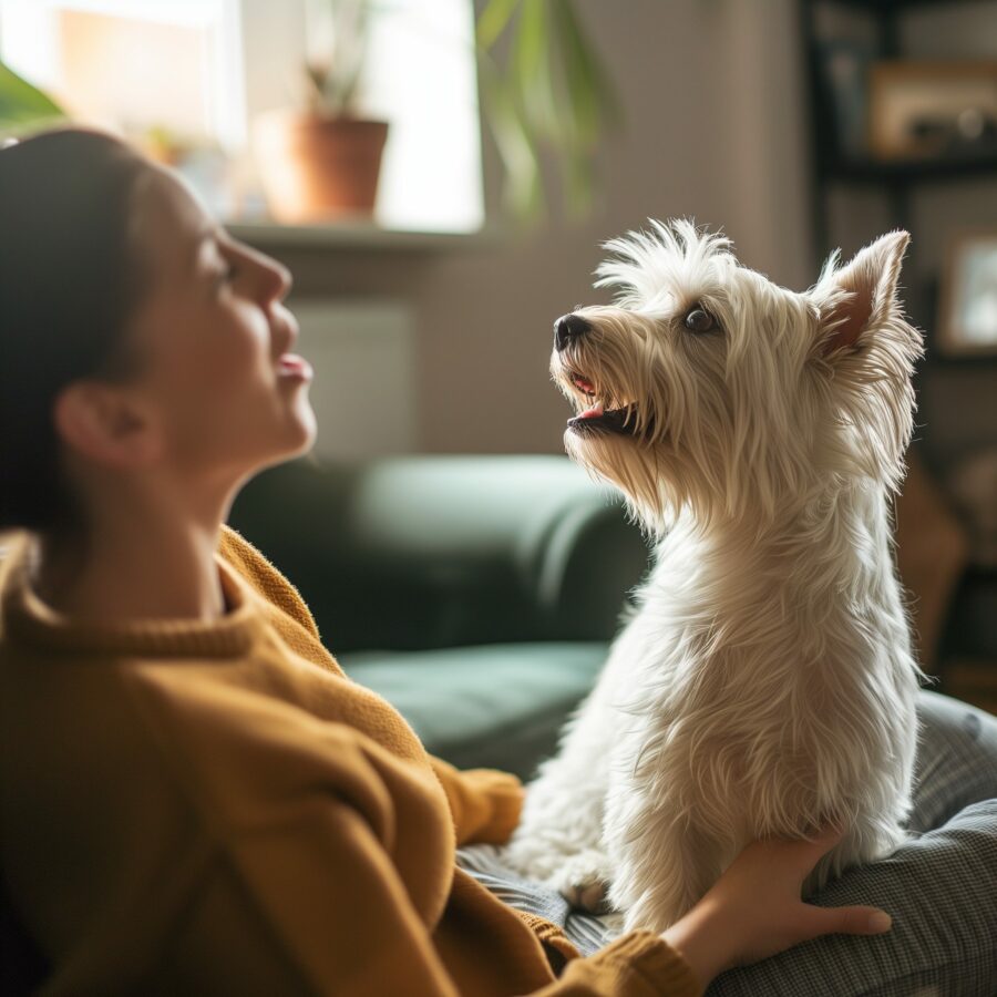 Westie communicating with owner in cozy home setting.