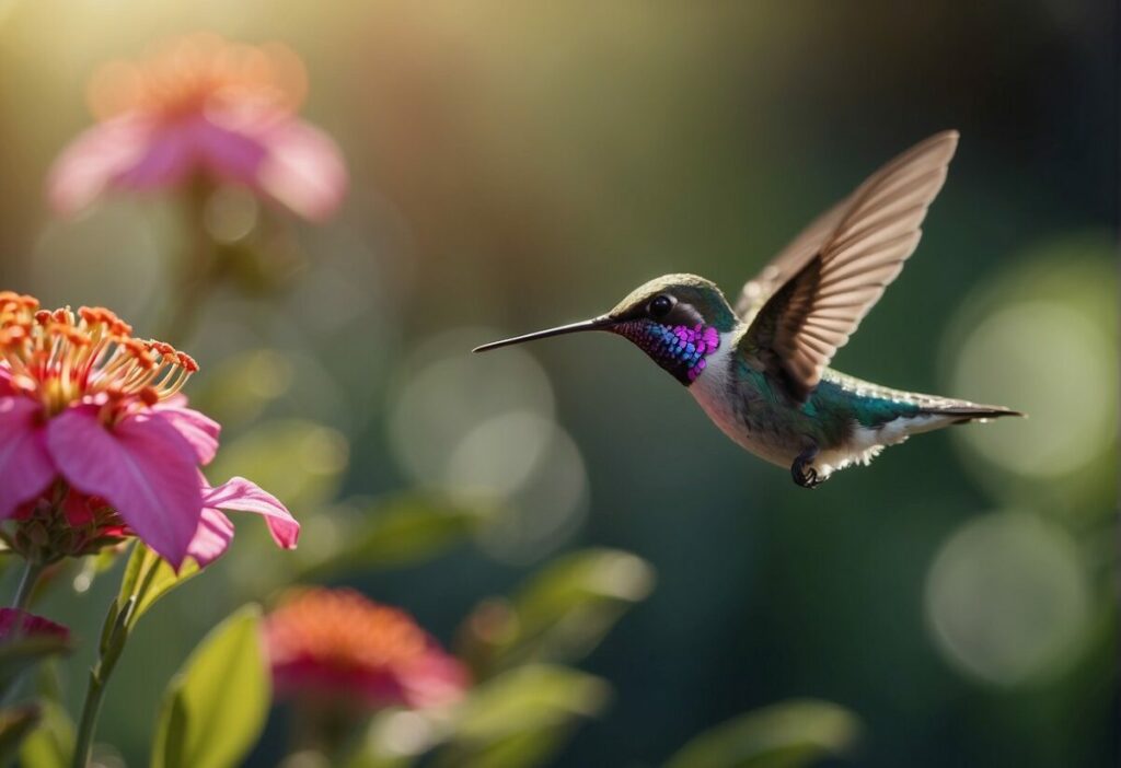 A Bee Hummingbird hovers near a vibrant flower