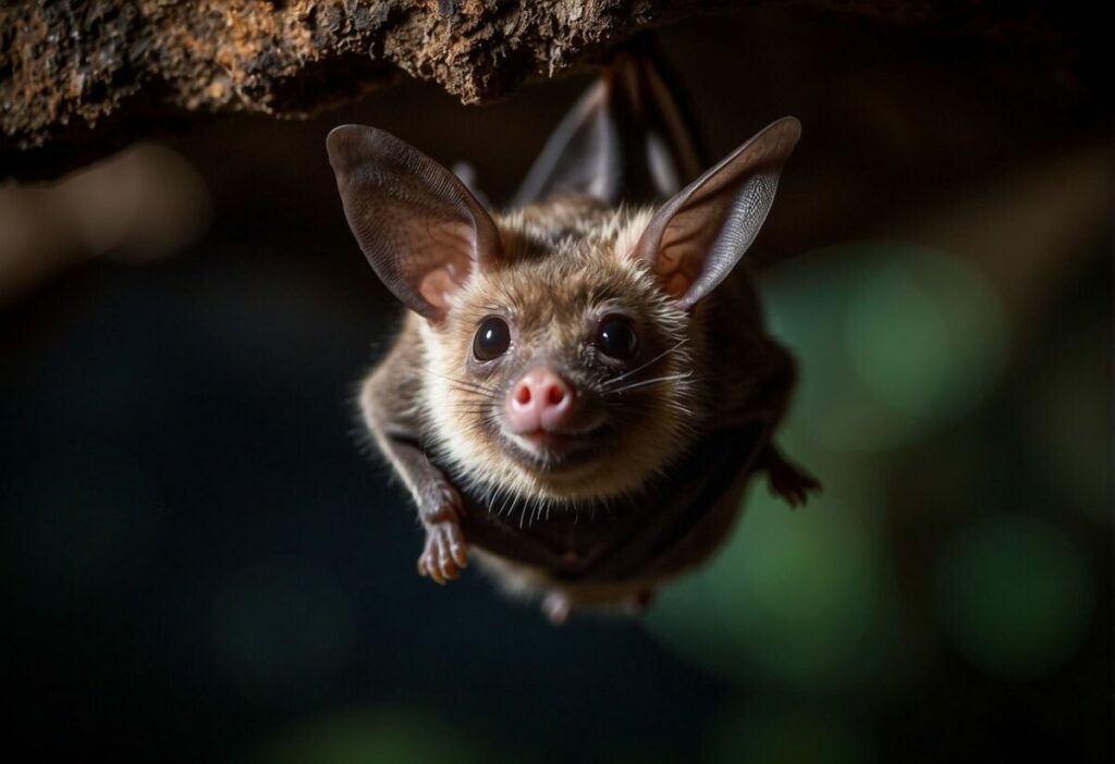 A Kitti's Hog-Nosed Bat hangs upside down in a dark cave