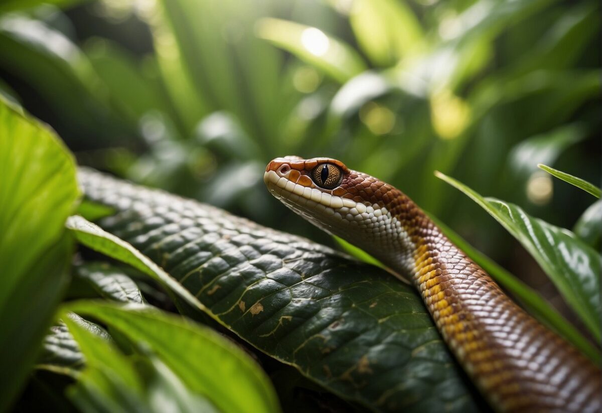 A corn snake slithers through lush green foliage in Hawaii. Its vibrant scales glisten in the sunlight as it moves gracefully across the forest floor