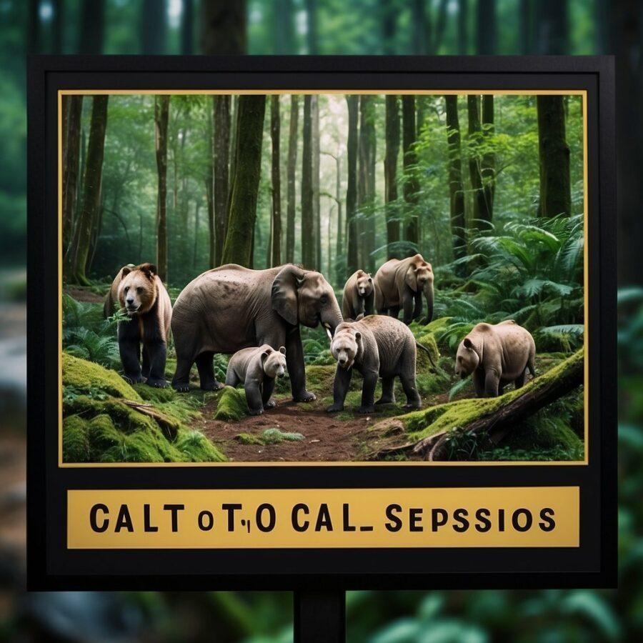 A group of endangered animals gather around a sign with the words "Call to Action Endangered Species" in a lush, vibrant forest setting