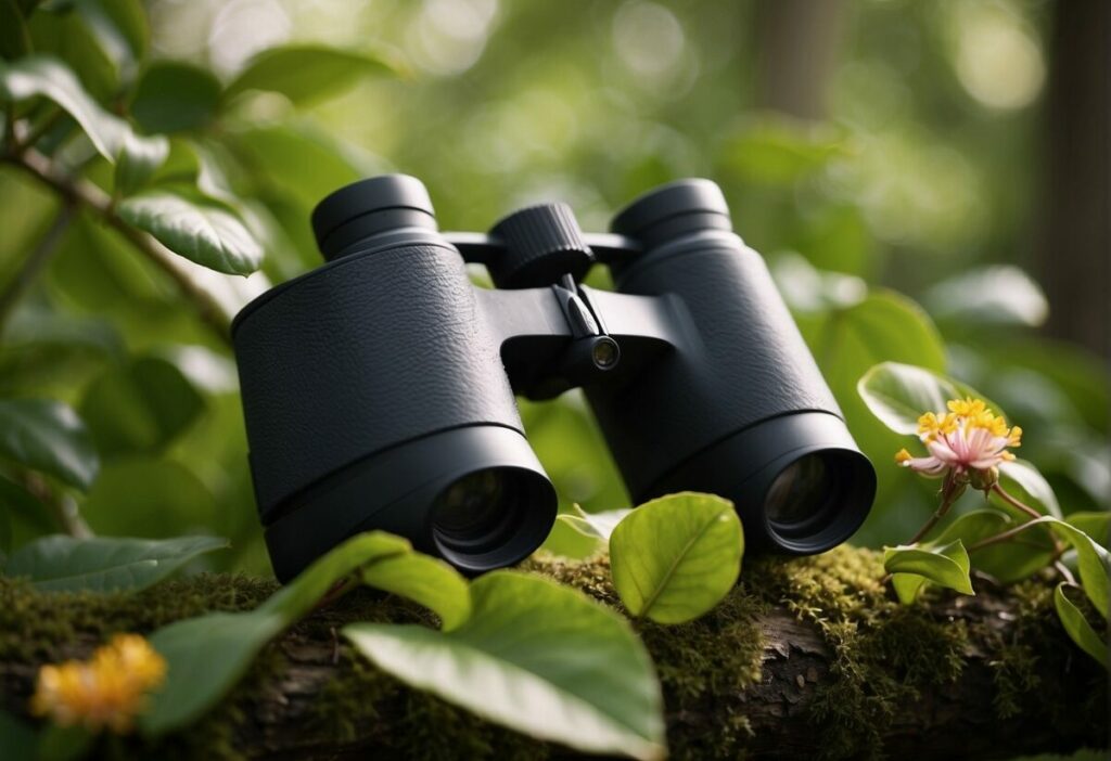 A pair of binoculars pointed at a tree branch. A colorful bird perched, surrounded by leaves and flowers