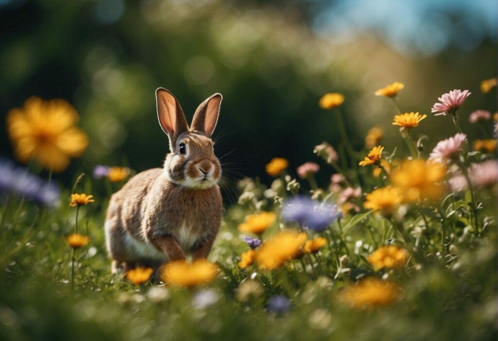 A rabbit happily hopping in a field, surrounded by vibrant flowers and butterflies, representing the ban on animal testing for cosmetics