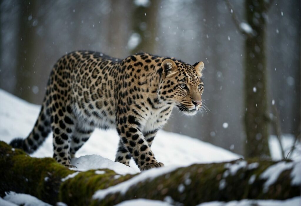 An Amur leopard prowling through a snowy forest, its sleek coat blending in with the wintry landscape