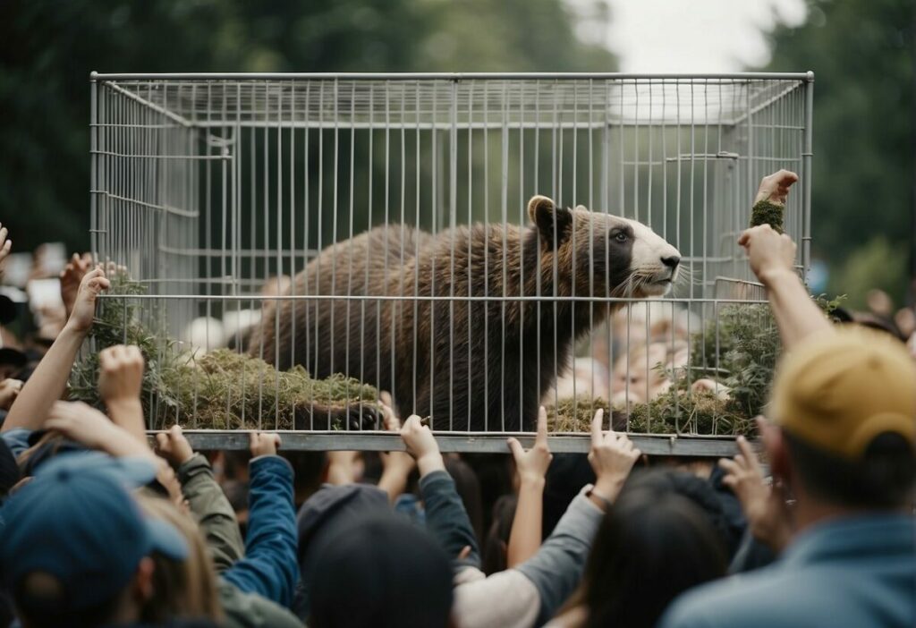Animals in cages being released into a natural habitat, surrounded by supporters and activists celebrating their freedom