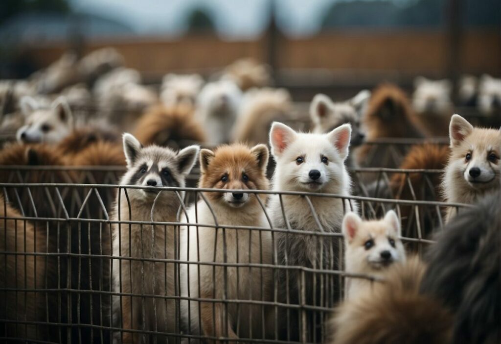 Animals in cages in a fur farm