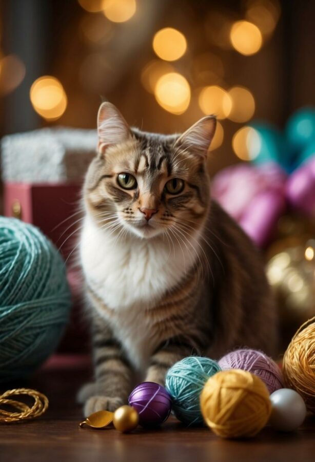 Cat with balls of threads