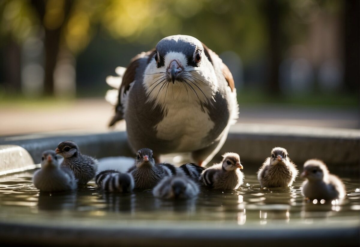 City pigeons flock around a park fountain