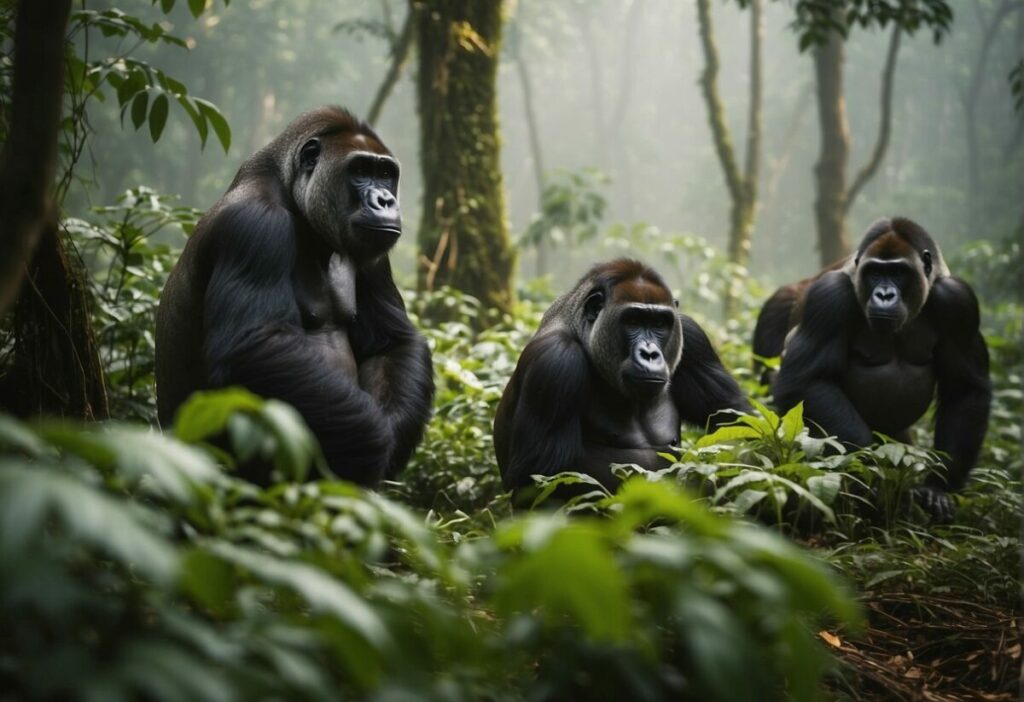 A family of Cross River gorillas sitting in a forest