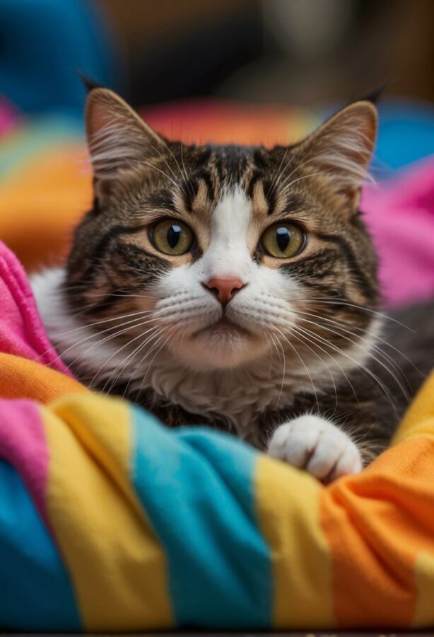 Cute cat in colorful blanket