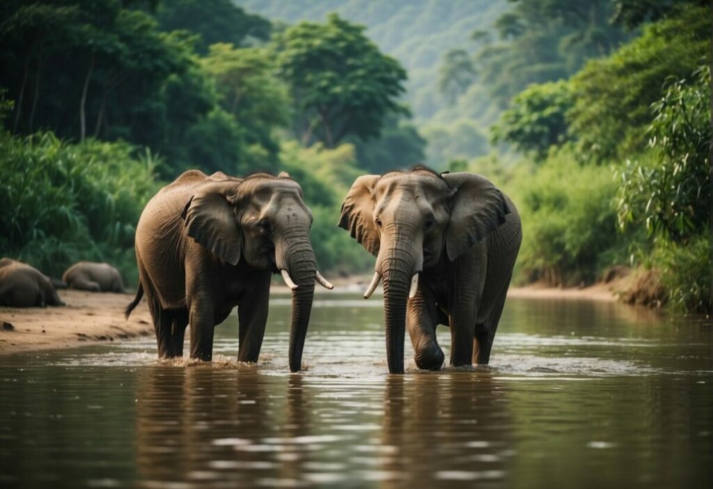 Elephants roam freely in the lush green landscape of Elephant Nature Park Wildlife Sanctuaries. They graze on fresh vegetation and splash in the cool waters of the river