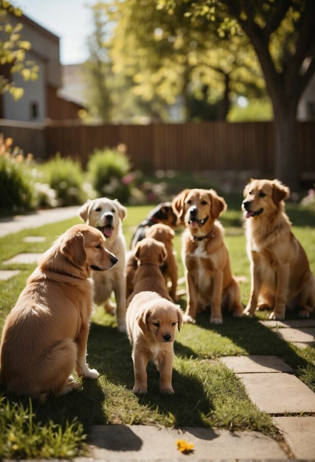 Family of golden retriever dogs