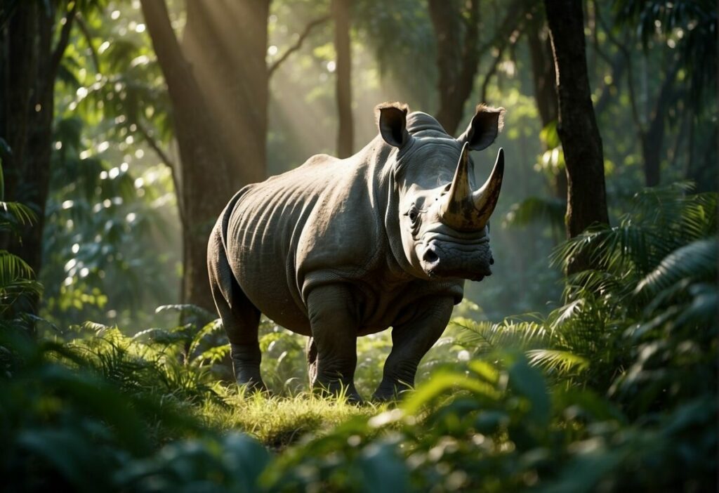A Javan rhino grazes in a lush, tropical forest. The sunlight filters through the dense foliage, casting dappled shadows on the rhino's wrinkled skin