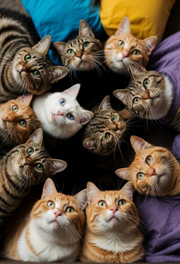 Beautiful cats looking up