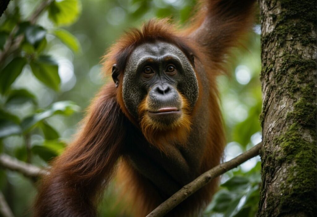 Orangutans swing from tree to tree in the lush rainforest of Sepilok, surrounded by vibrant flora and fauna