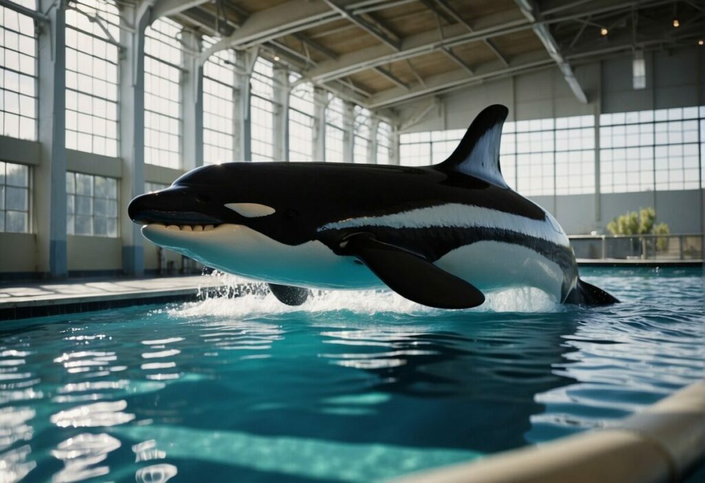 Orca swimming freely in a large tank with trainers observing