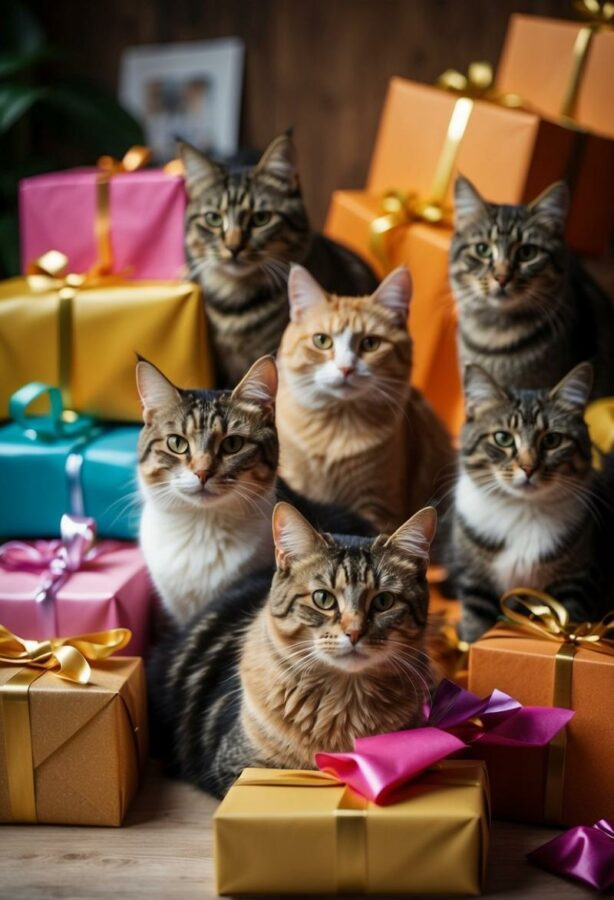 Pack of cats with gifts