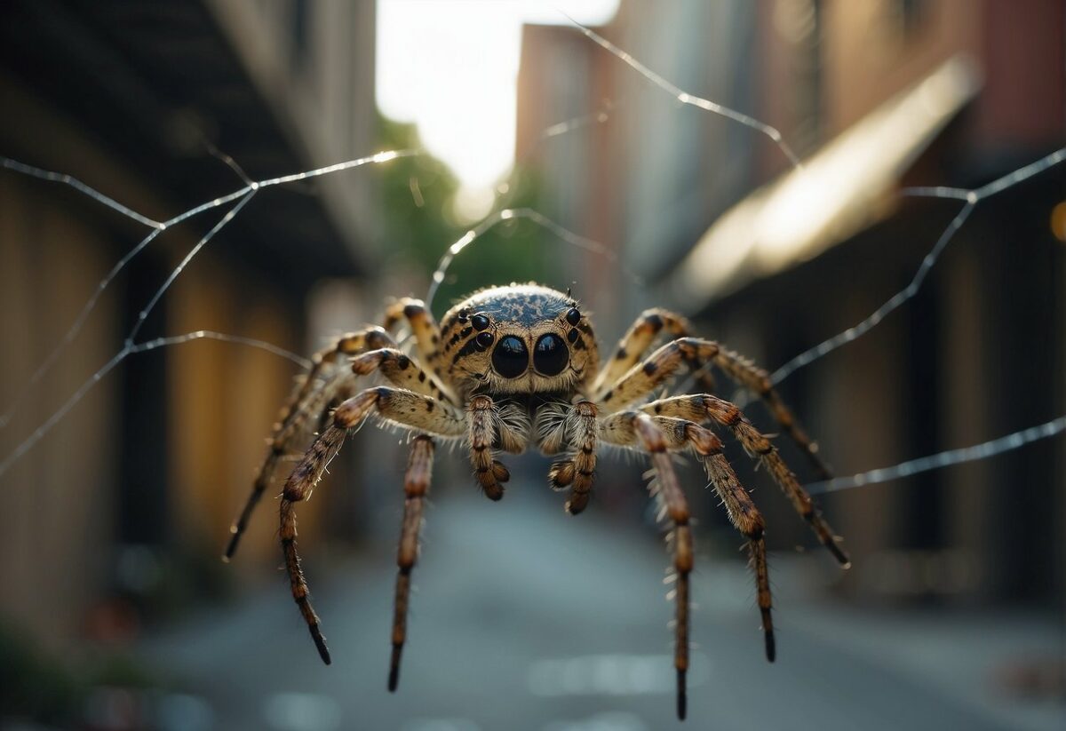 A Pirate spiders spin webs in abandoned city alley, trapping urban wildlife for their next meal