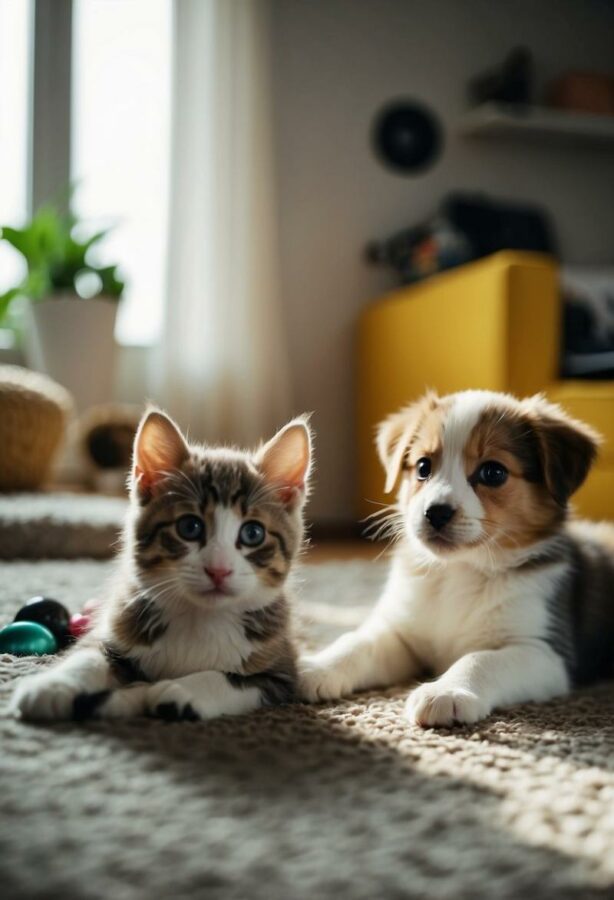 Pup and kitty in the carpet