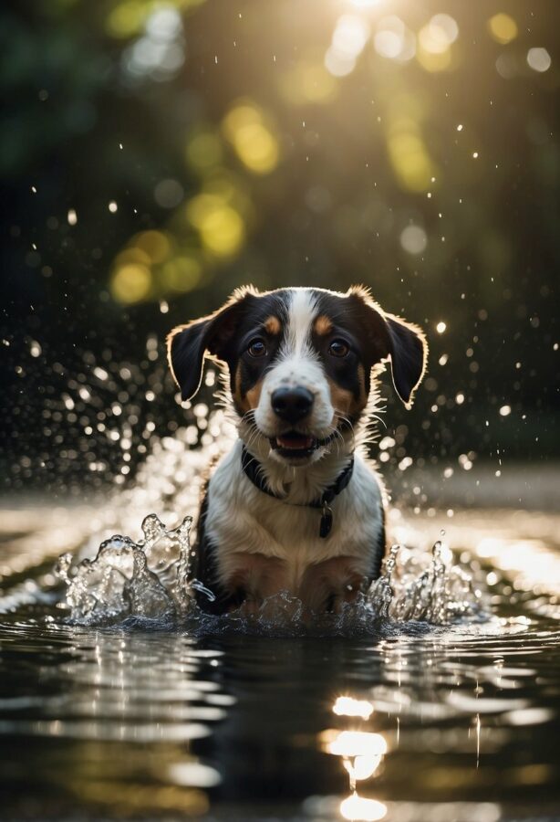 Puppy wading on the water