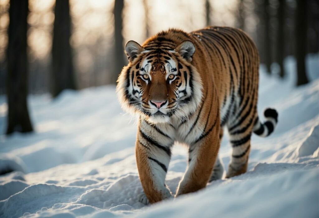 A powerful Siberian tiger prowling through a snowy forest