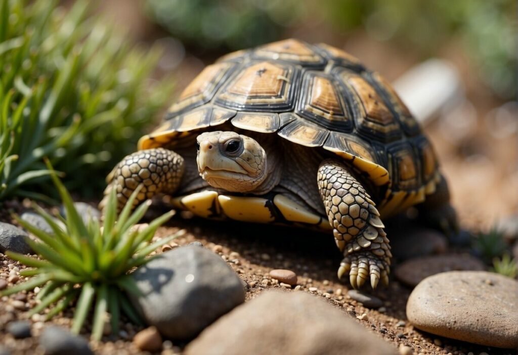 A Speckled Padloper Tortoise walks on a rocky surface, surrounded by tiny plants and pebbles. 