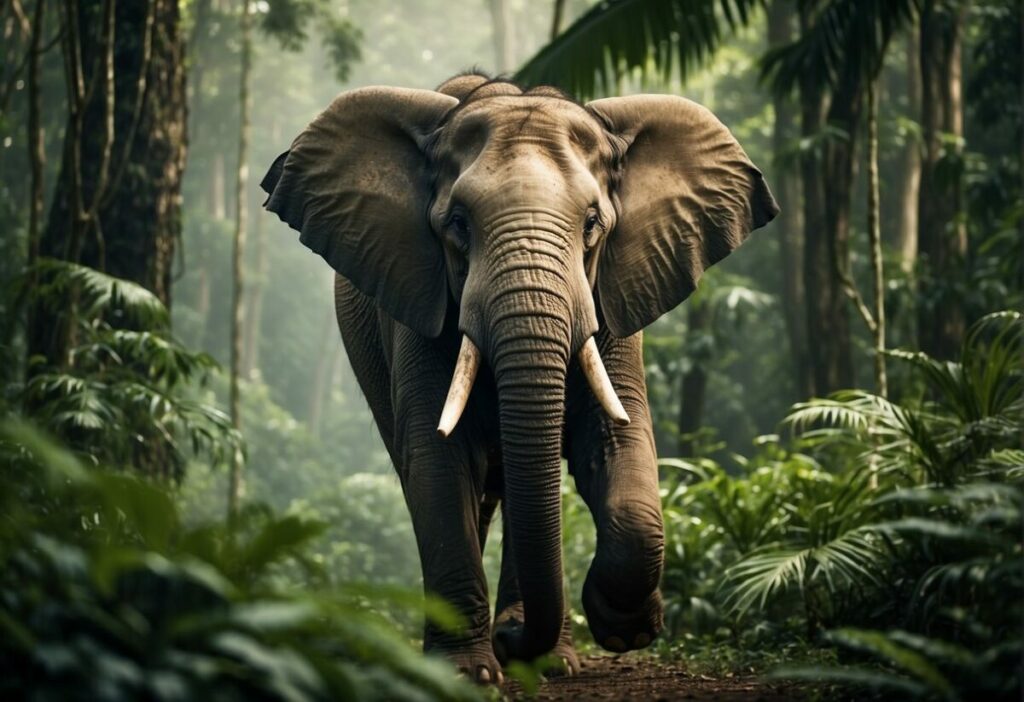 A Sumatran elephant roams through a dense jungle, surrounded by lush greenery and towering trees