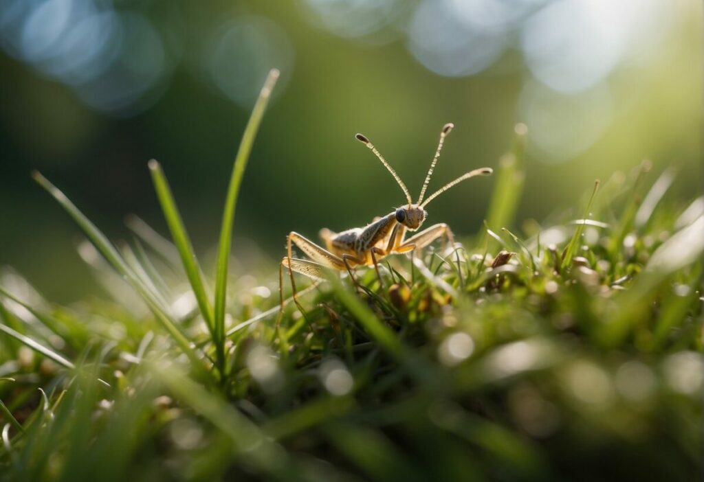 Tiny creatures crawl among blades of grass