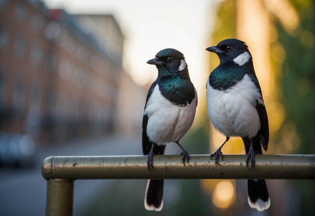 Two Eurasian Magpies perched on anti-bird spikes in an urban setting