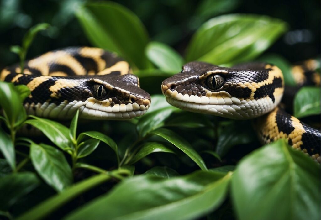 Two ball python snakes slithering through lush green foliage in Hawaii