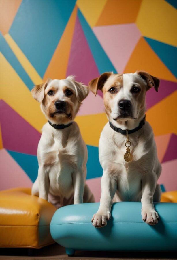 Two dogs portrait with colorful backdrop