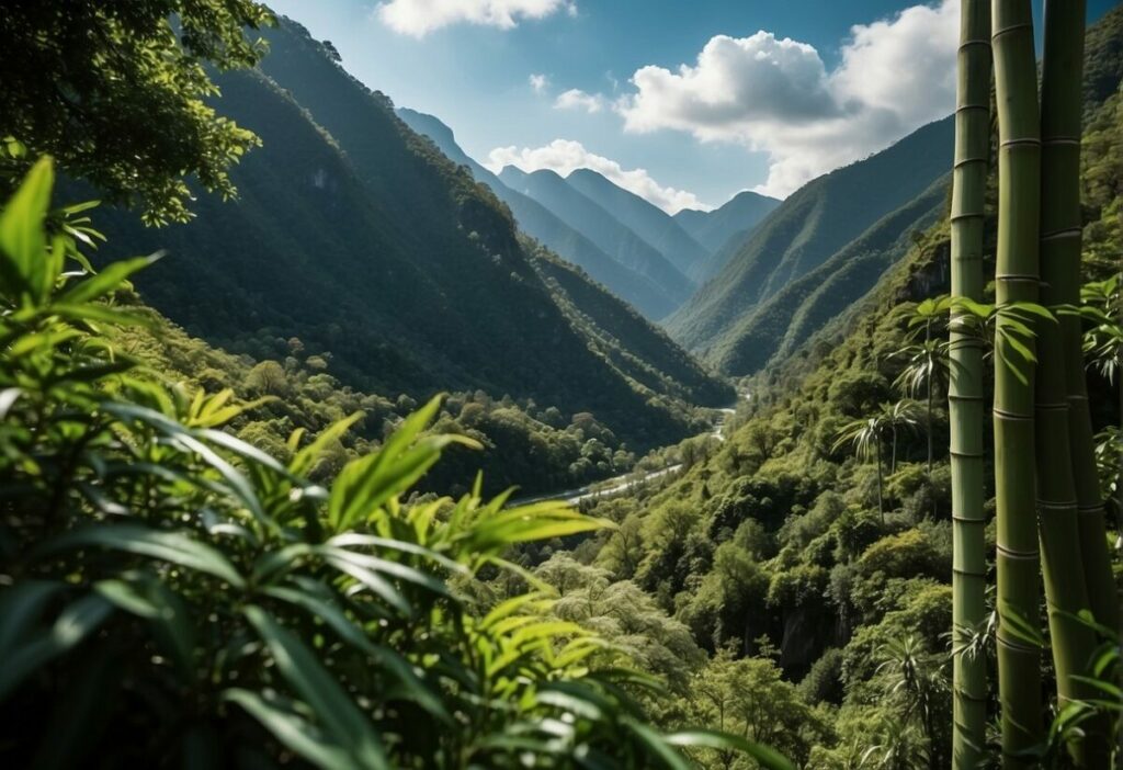 Lush green mountains surround a tranquil valley. Endangered pandas roam freely among bamboo forests. A variety of exotic birds soar through the clear blue skies