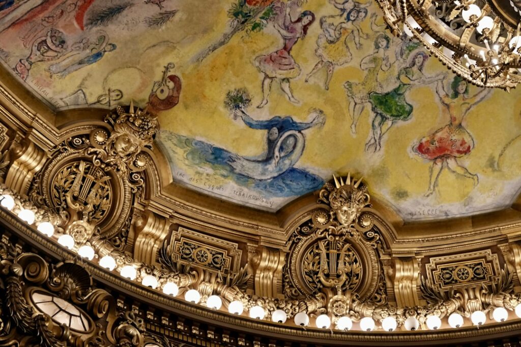 a ceiling with a painting on it and a chandelier hanging from the ceiling