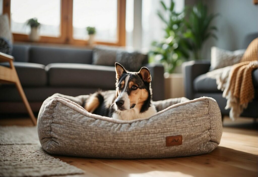 A cozy pet bed made from recycled materials surrounded by eco-friendly pet toys and accessories. The bedding is soft and durable, with a tag indicating its sustainable and environmentally friendly production