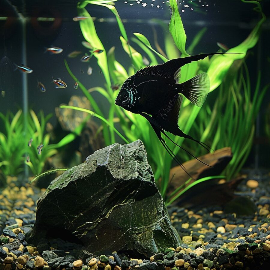 Aquascaped aquarium with black angelfish.