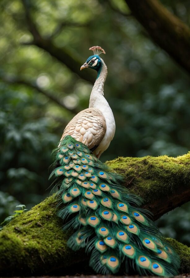 An albino peacock with a regal bearing stands atop a moss-covered branch, its pure white plumage and opulent tail feathers on full display.