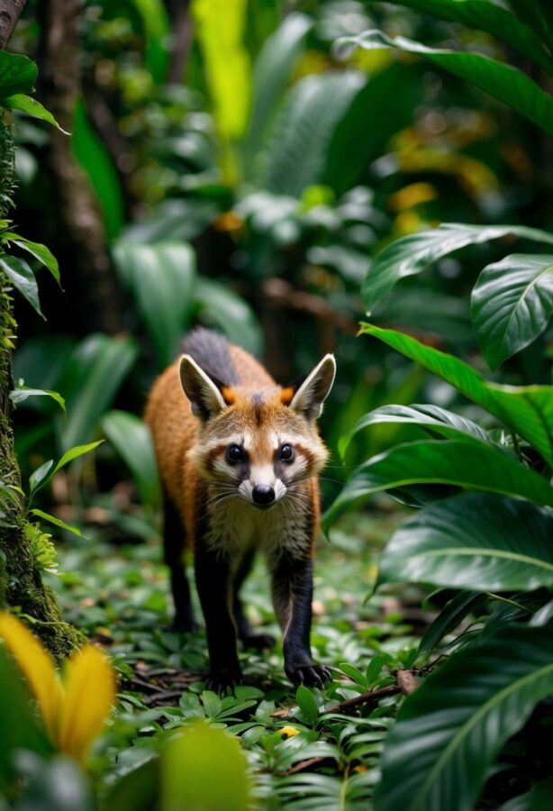 A coati exploring a lush Mexican jungle, surrounded by vibrant flora and other wildlife