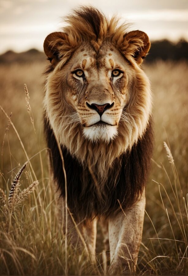 An imposing lion stands in a field, the soft focus of the background accentuating its commanding presence.