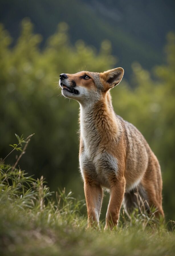 A solitary fox gazes upwards, standing in a field with a soft focus on the greenery behind it.