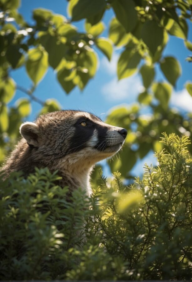 A raccoon peering curiously from its perch amid the fresh greenery of tree branches, under a clear blue sky.