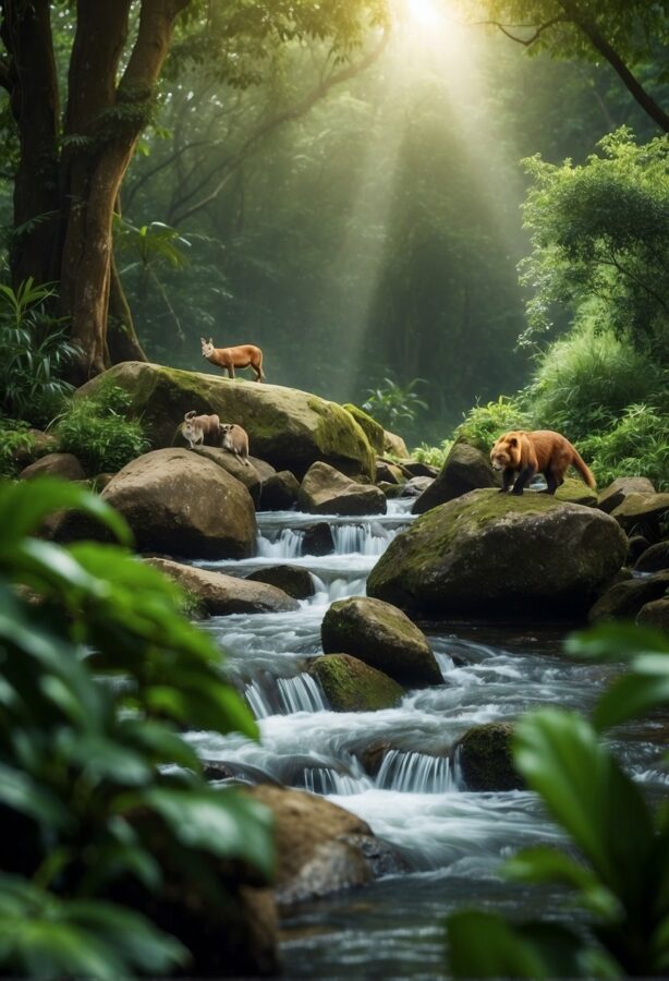 Various animals, including a red panda and a deer, gathered around a rocky stream in a lush forest with sunbeams filtering through.