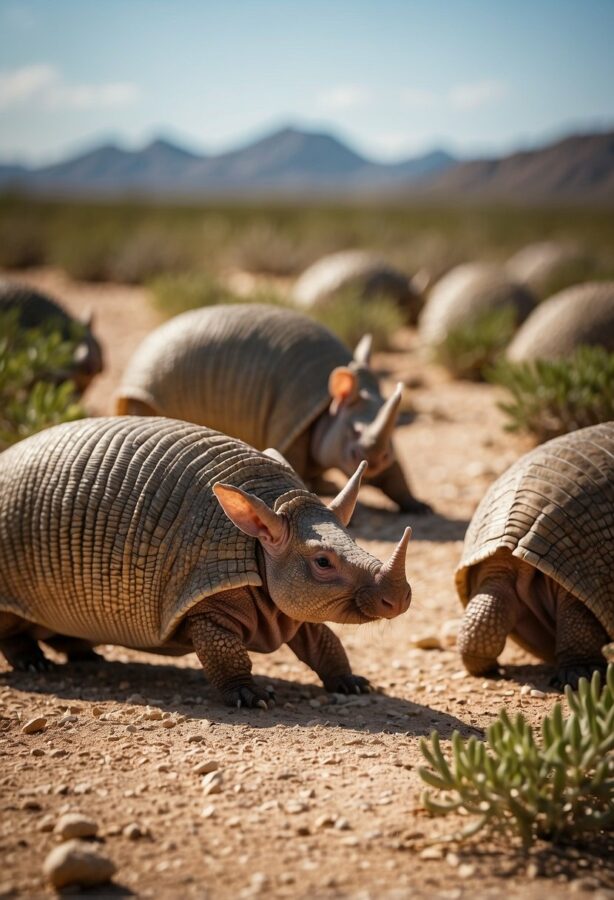 A group of armadillos foraging in the dry, rocky terrain of Central Texas