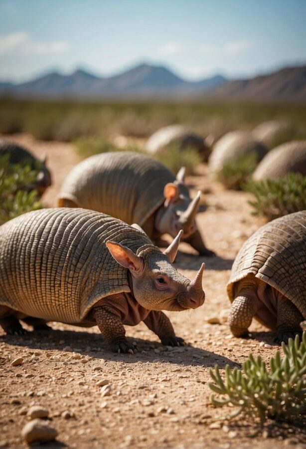 Armadillos marching through sandy desert landscape with mountains in the background.