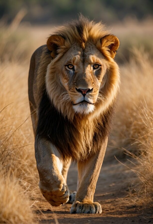 A majestic Asiatic lion strides forward with intent gaze, its mane framing its face against the golden grasses of its habitat.