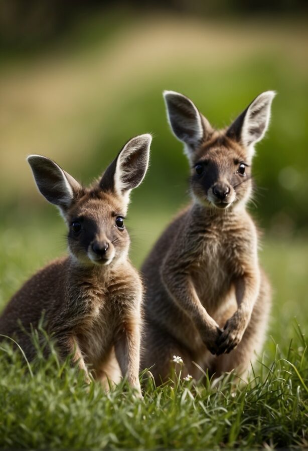 Two baby kangaroos, or joeys, peeking out from their mother's pouches against a backdrop of Australian outback scenery.