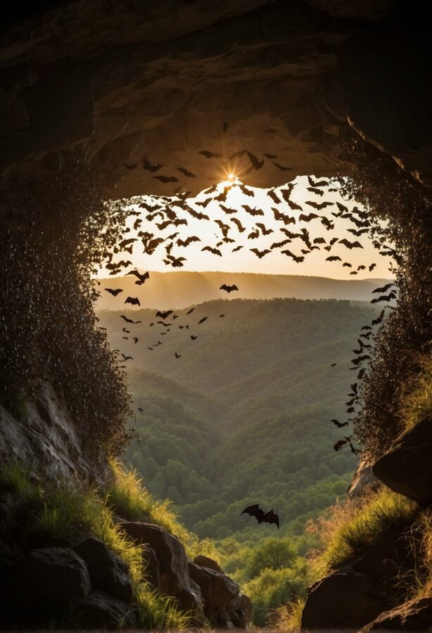 Thousands of bats emerge from the mouth of Bracken Cave at dusk, filling the sky with flapping wings and high-pitched chirping