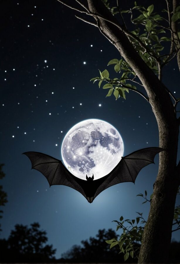 A bat silhouetted against a luminous full moon, with stars twinkling in the night sky.