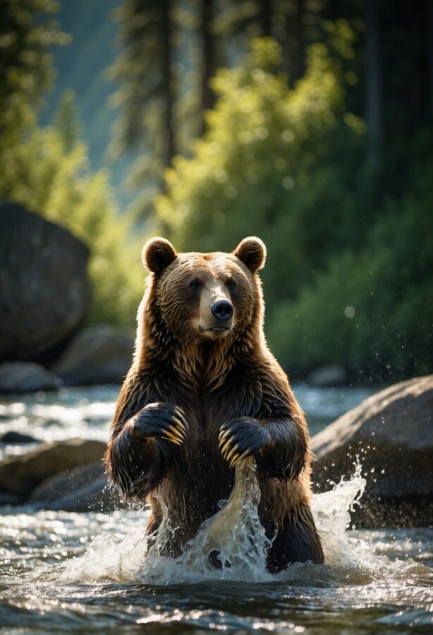 A brown bear balances on its hind legs in a river, with water cascading off its paws