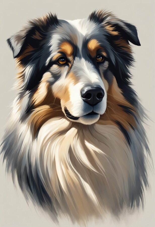 A portrait of an Australian Shepherd with a detailed and expressive face