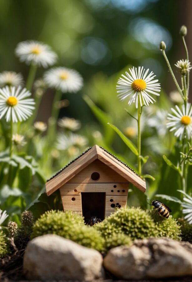 A wooden bee hotel sits among blooming white daisies, with a bee approaching the entrance, nestled in a natural garden setting.